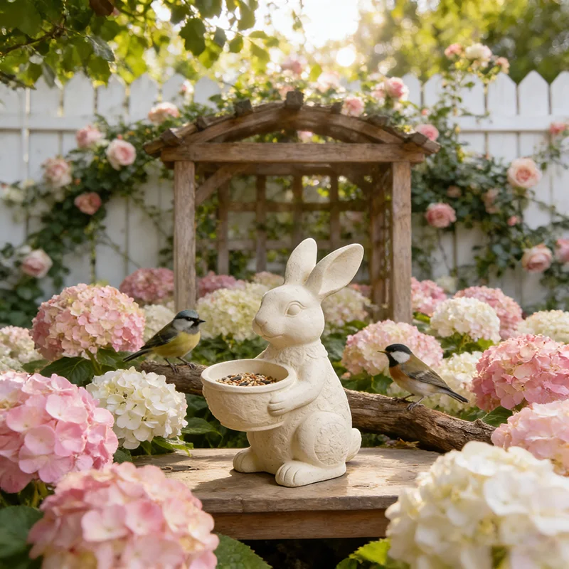 Pure White Polyresin Bunny Bird Feeder Statue Handmade Hand-painted Nautical Home Garden Courtyard Decoration