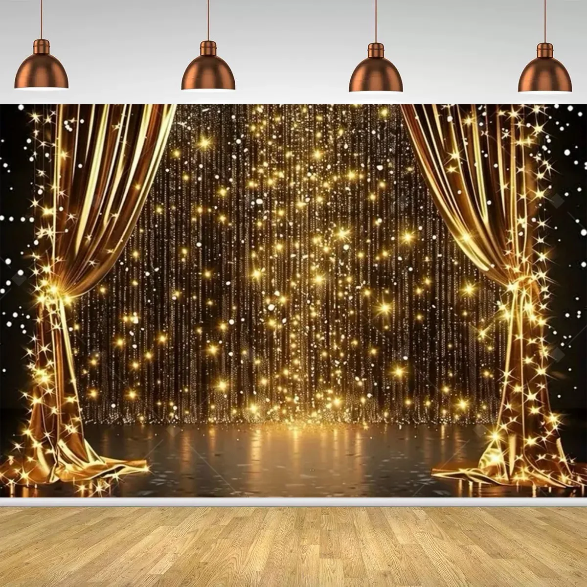 Schwarzgoldene schimmernde Bühnendekoration, sternförmiger schimmernder goldener Polka-Dot-Banner, geeignet für Geburtstags- und Hochzeitsfeiern. – Detail 6