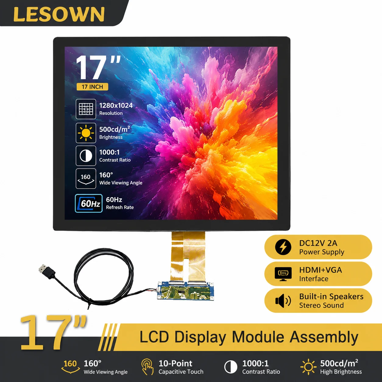 LESOWN 17" Pantalla Touch Monitor Kit 1280x1024 500nits LCD Panel Driver-Free HDTV VGA Board for Industrial DIY Project