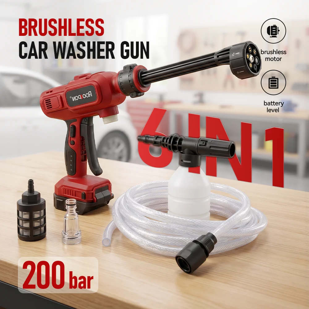 

200Bar Electric Car Washer Gun Brushless Cordless High Pressure Water Gun 6 In 1 Garden Cleaning Washing Tool For 18-21V Battery