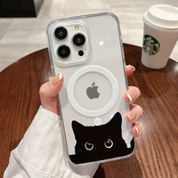 Phone Case For iPhone 16 15 14 13 12 11 Pro Max 15 16 14 Plus 12 13 14 Pro Mischievous Cat Magnetic Magsafe Transparent Fundas