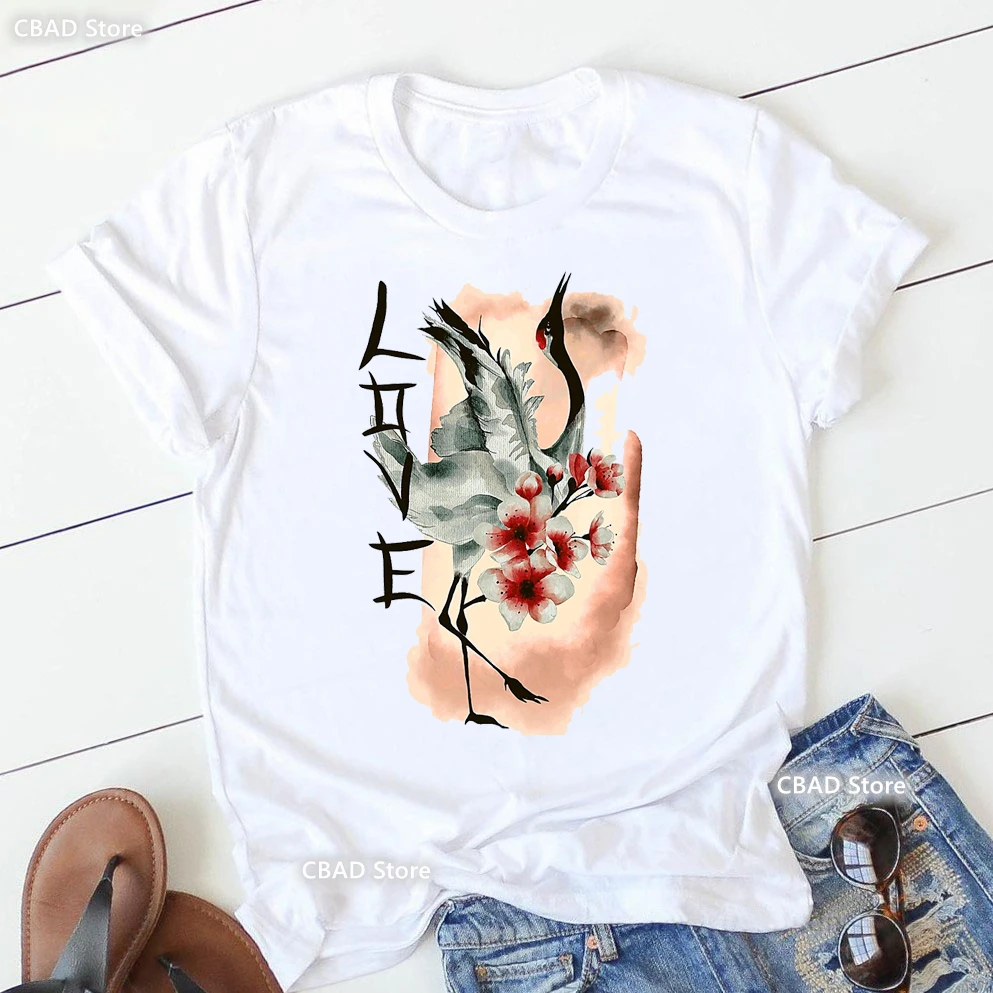 Red Crane Japanese Retro Vintage Art Print T Shirt Women Japanese Samurai Tshirt Femme Summer Fashion T-Shirt Female Streetwear