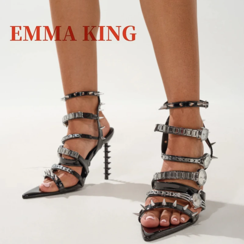 ساعة فضية أحذية مثيرة مفتوحة أشار تو خنجر صندل برشام ديكور رقيقة عالية الكعب الزفاف مضخات أحذية مأدبة نسائية