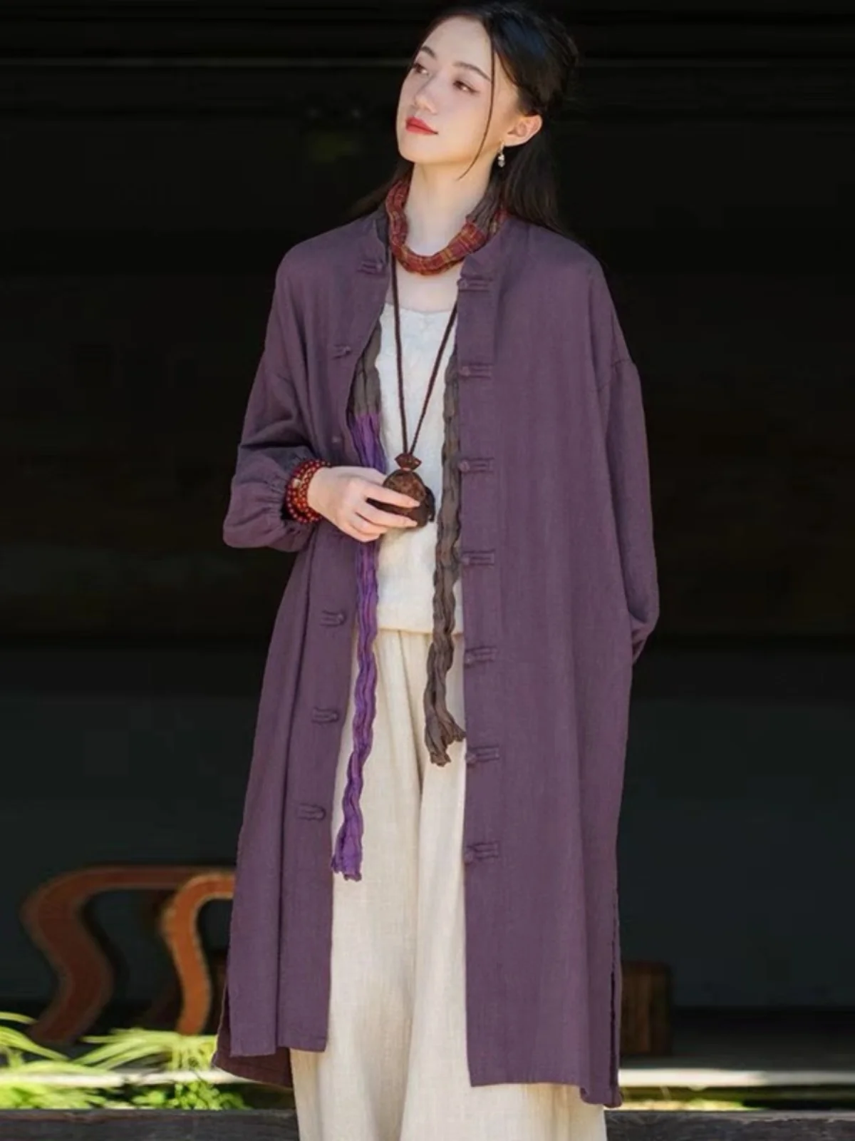 

Retro Chinese Sle Cotton Linen Coat for Women Spring Autumn Zen Sle Tea Clothing Long Sve Single Button Closure Pure C...