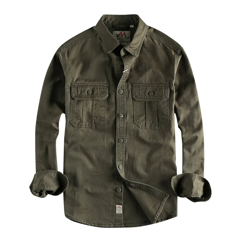 Men's Long-sleeve Cotton Shirt with Decorative Pockets on Both Sides of The Chest, Available in Black, Green, and Khaki.