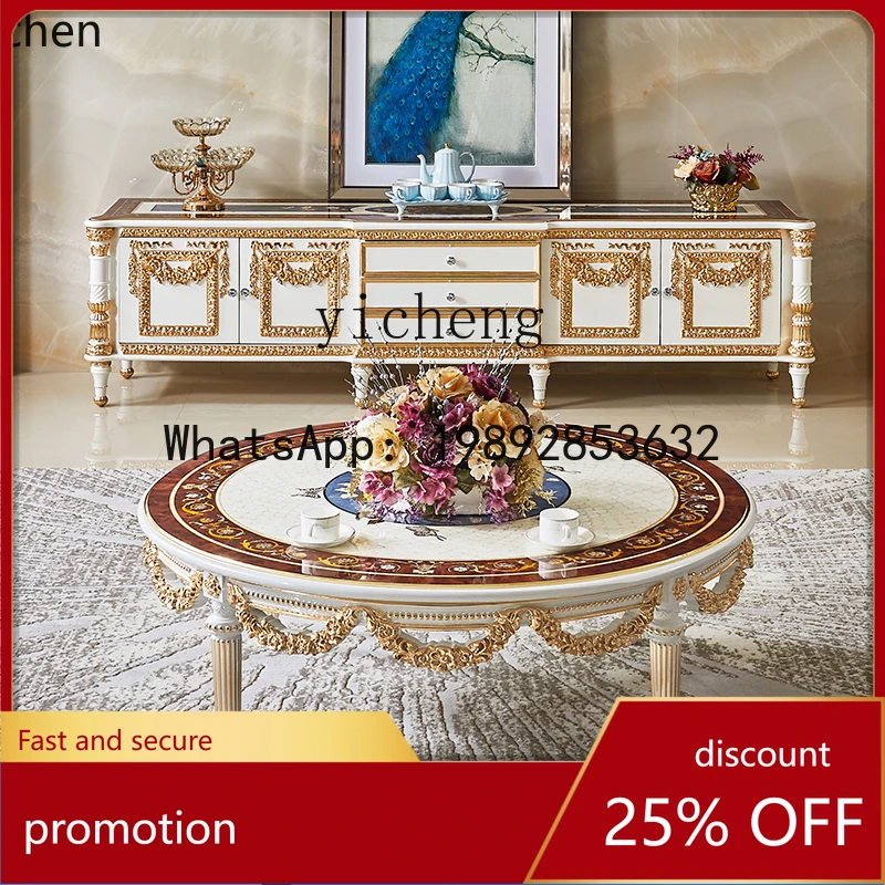 HT French round coffee table full solid wood carving flower coffee table living room home deep sea shell inlaid parquet