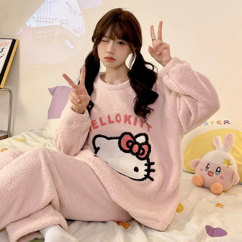 Miniso Girl Flannel Round Neck Winter Thickening Pajama Set Kawaii Hello Kitty Comic Lovely Fashion Keep Warm Leisure Wear New