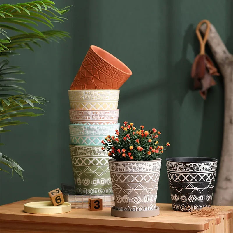 Totem Elements Retro Red Pottery Flower Pots Breathable Flower Plant Container Planters Accessories Garden Supplies Home Decor