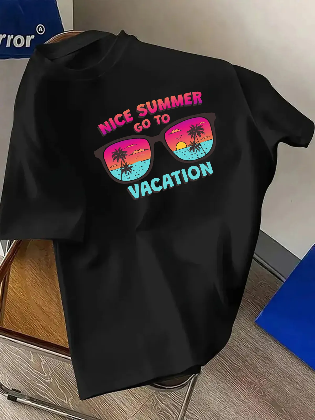 Plus Size Men'S T-Shirt 100% Summer Bliss Glasses Reflection Beach Palm Trees Vacation Theme Round Neck Short Sleeve T-Shirt Com