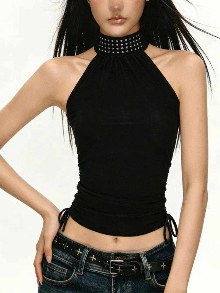 Summer Women Retro Millennium Party Studded High Halter Side Cinch Drawstring Ruched Sleeveless Bodycon Crop Vest Top