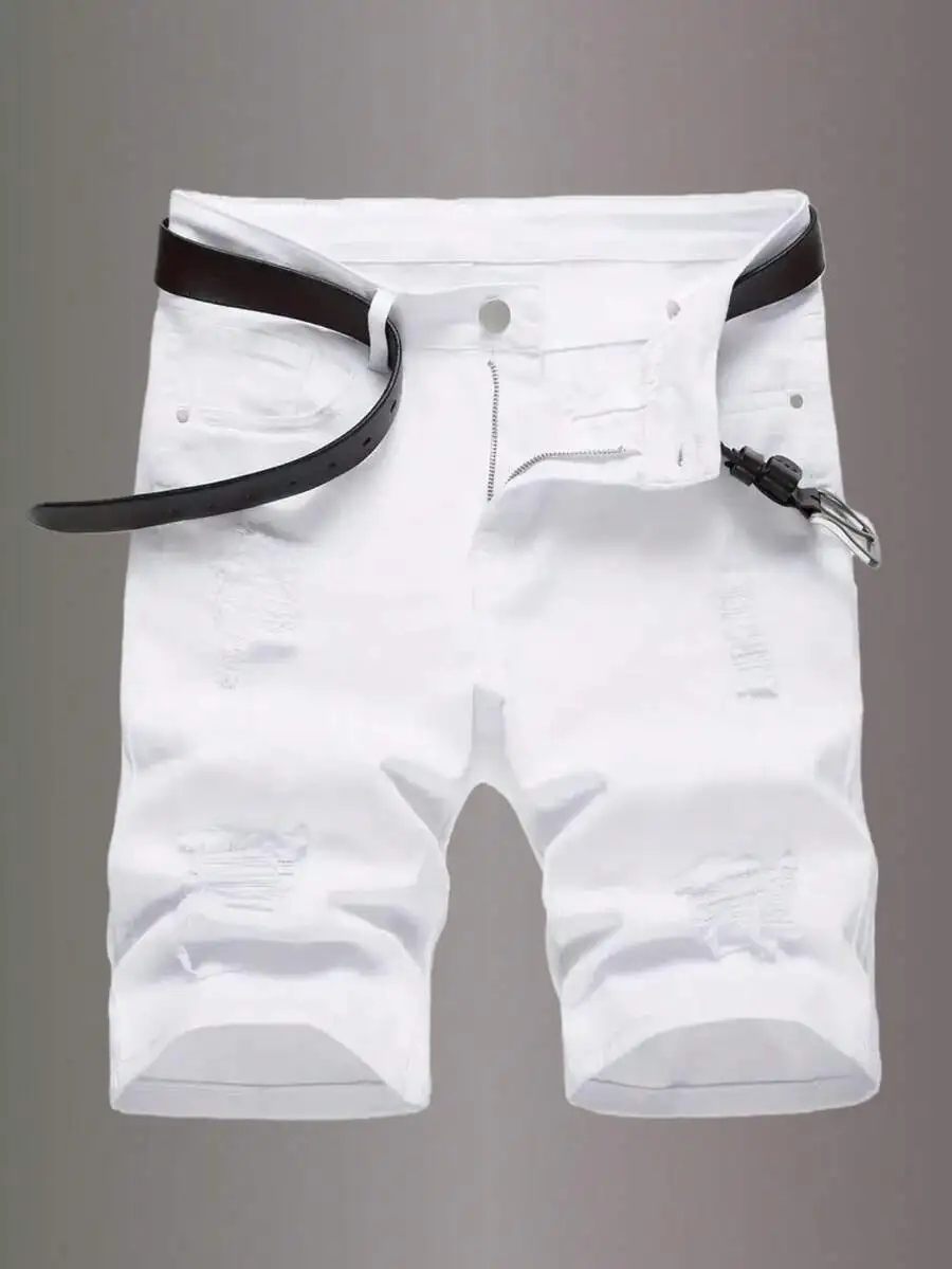 

Mens Slim Fit Ripped Denim Shorts Casual Elastic Waist White Shorts
