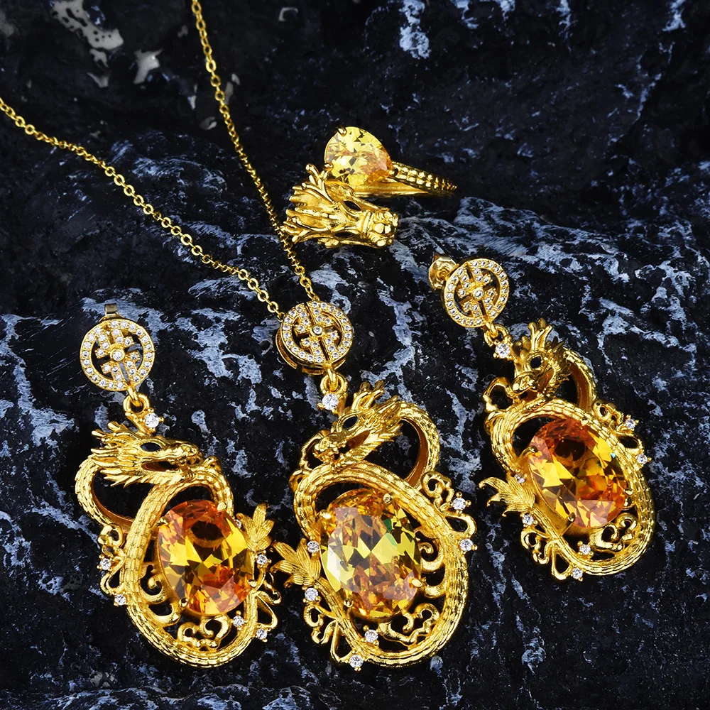 Luxury Gold Color Oval Shape Yellow CZ Stone Women Jewelry Sets Exquisite Luxury Dragon Pendant Necklaces Rings Drop Earrings