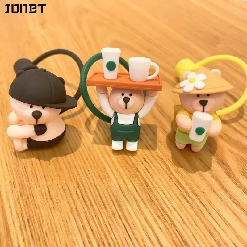 4PCS Cute Cartoon Bear Straw Topper for 7-8mm Silicone Straw Cover Cap Reusable Dustproof Straw Lid for Tumbler Cup Accessories