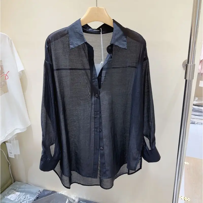 2024 New Summer Sun Protection Solid Color Women's Shirt Folds Simplicity Loose Casual Button Lapels Long Sleeve Y2K Chic Tops