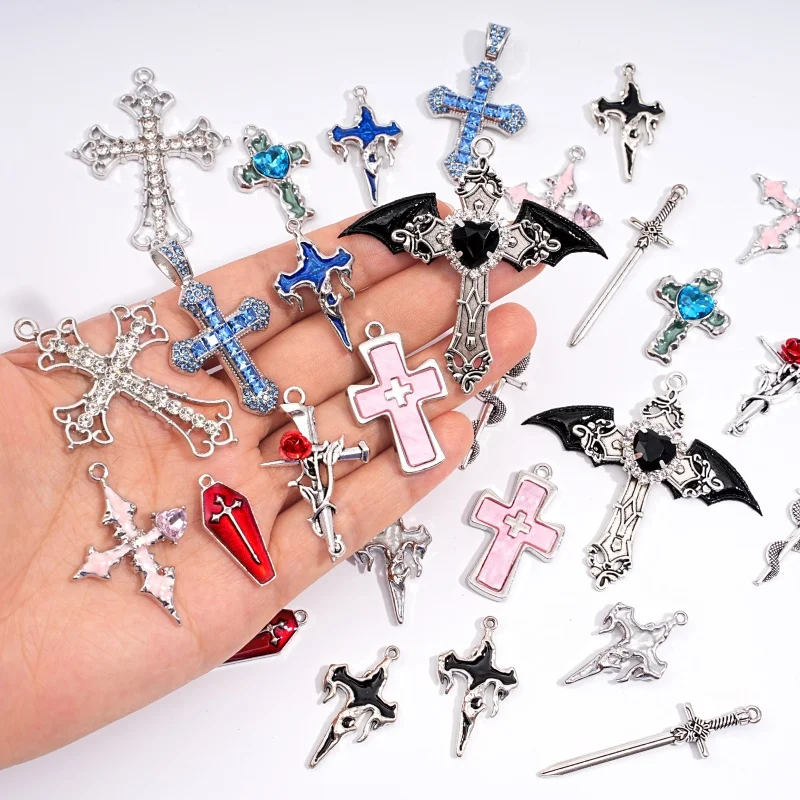 1Pc Mixed Gothic Bulk Water Diamond Imitation Enamel Coffin Wings Rose Cross Metal Pendant DIY Jewelry Making Accessories