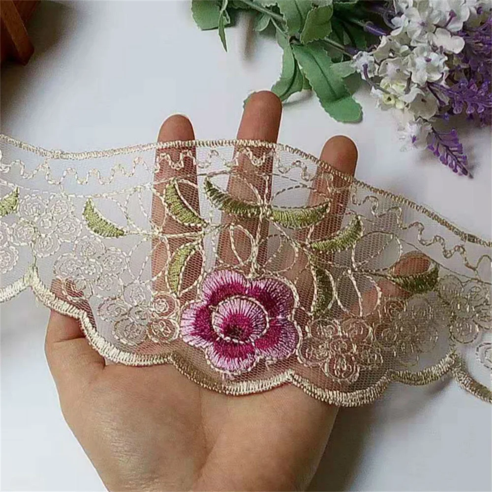 Tira renda guarnição bordado rosa flor, fita para sofá e cortina, guarnições para vestido de malha, trajes de tecido de renda, DIY, 10 cm, 2 jardas