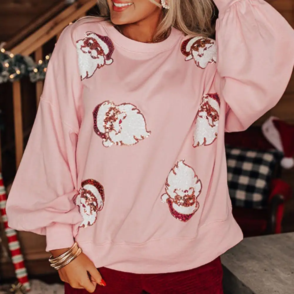 Christmas Tree Print Sweater Women Street Style Sweatshirt Sequin Santa Pattern Christmas Sweatshirt for Women with Long for New