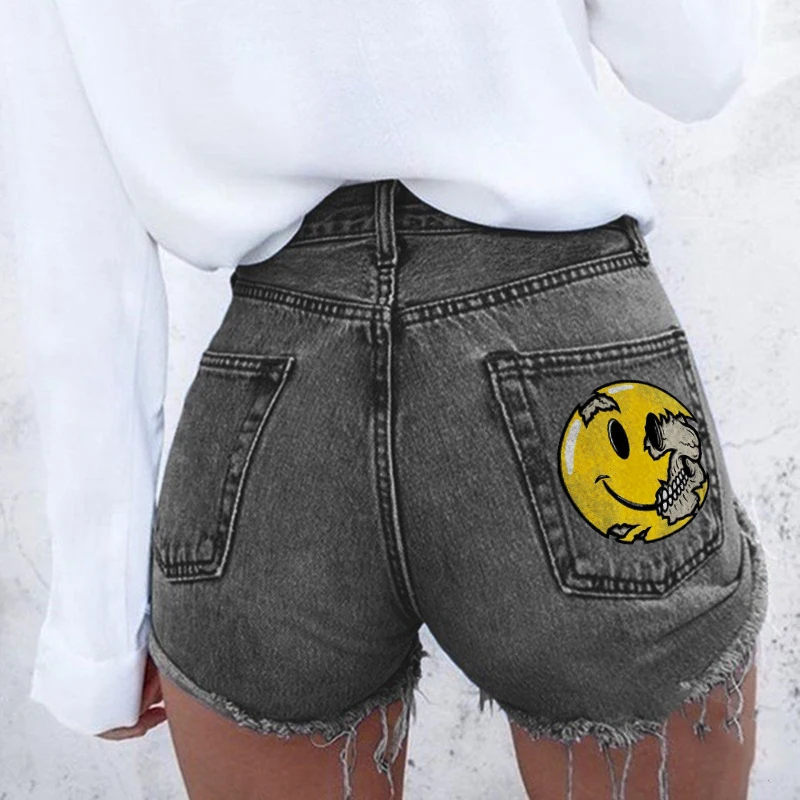 Summer 2026 Women's Fringed Distressed Casual Jeans Denim Shorts Printed High Waist Short Length Summer Fashion