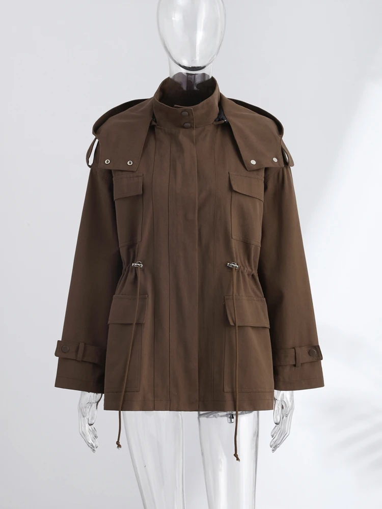 Kapuzenjacke mit Mehreren Taschen und Kordelzug für Damen, Streetwear-Stil mit Stehkragen, Epauletten, Langen Ärmeln, Locker Geschnittene Mäntel, Schicke Damen-Oberbekleidung – Detail 4