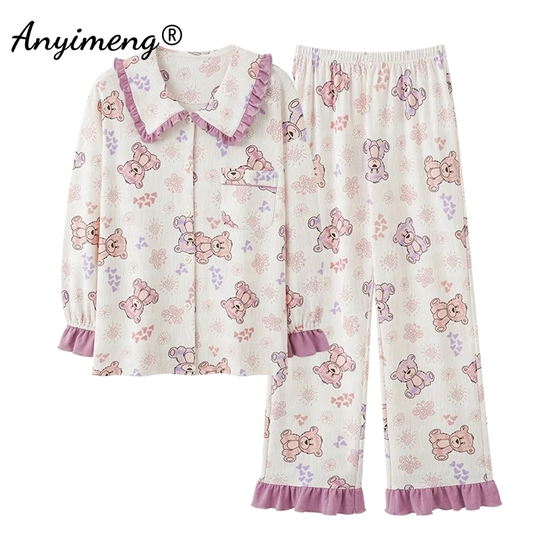 New Autumn Winter Cotton Pajamas for Women Lapel Cute Girl Homewear Long Sleeve Princess Sleepwear Floral Print Loungewear