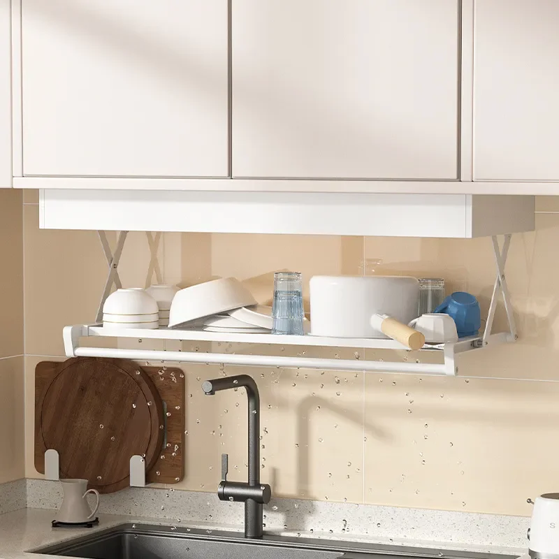 Wall Mounted Kitchen Storage Rack Pull Down Cabinet Shelf Multifunctional Pot Organizer Drain Holder Space Saving Hanging