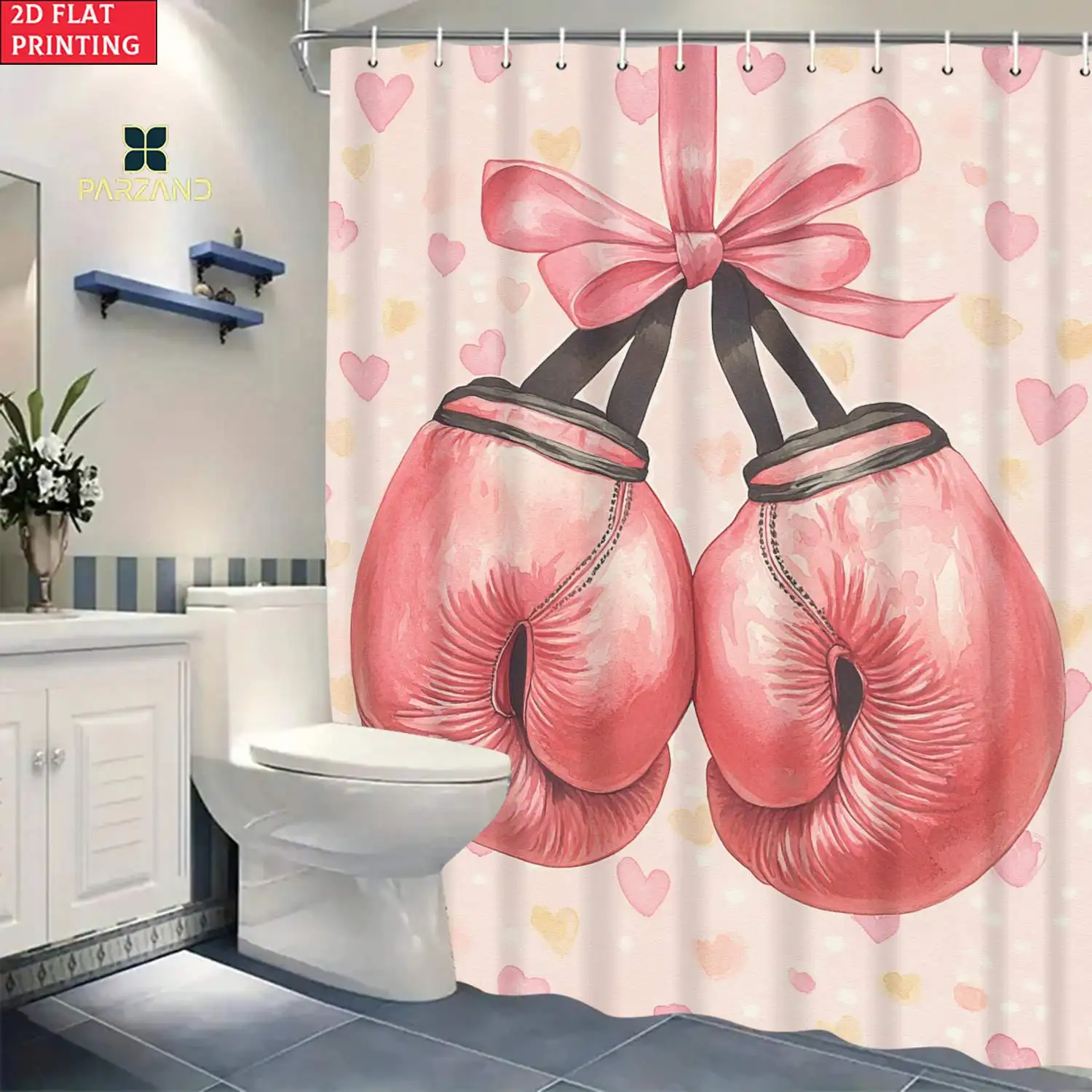 Cute Pink Boxing Gloves Shower Curtain Bathroom Decor Novelty Shower Curtain for Kids and Girls Bathroom Accessories