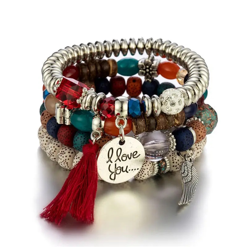 New Handmade Beaded Beads Bracelet Set Boho Fashion 3-4 beaded Stone bracelet with Colored Stones Long Wrap Bracelets for Women