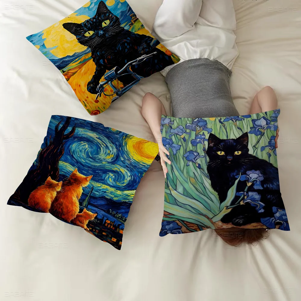 Van Gogh The Starry Night Romantic Black Cat Personalized Picture Text Home Decorative Pillows Household Gifts 45x45cm