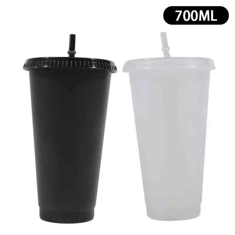 601-700Ml Black White Straw Cup With Lid Color Change Coffee Cup Reusable Cups Plastic Tumbler Matte Finish Coffee Mug