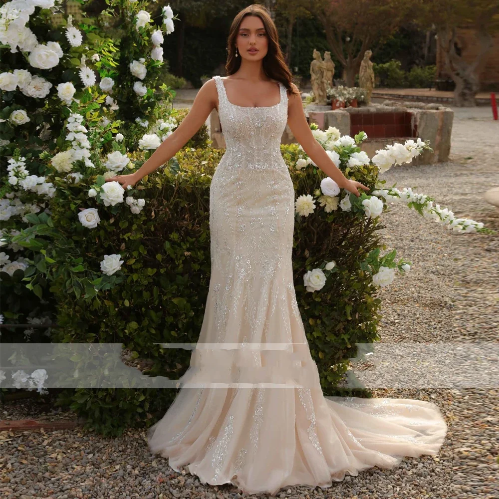 Flavinke Abiti da sposa personalizzati in pizzo a sirena 2 in 1 Abito da sposa con perline senza maniche con scollo quadrato 2025 con strascico staccabile