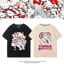 New Miniso Hello Kitty Junji Ito Tomie T-shirts Cute Pattern Printing Retro Trendy Pure Cotton Anime Men and Women Short Sleeve