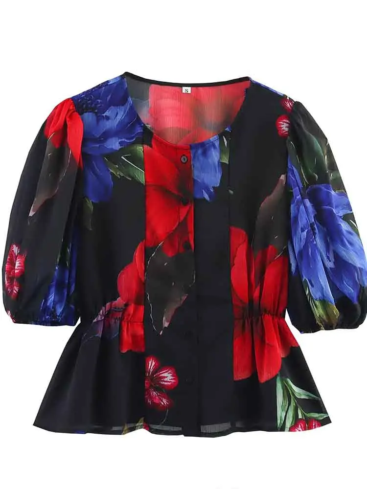 

European style new women's fashion temperament printing waist slimming nine-point sleeve round neck pullover top