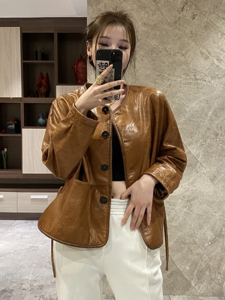 Vintage Design Women Genuine Leather Jacket Loose Fit O-Neck Single Breasted Casual Sheepskin Coat Spring Long Sleeve Outerwear