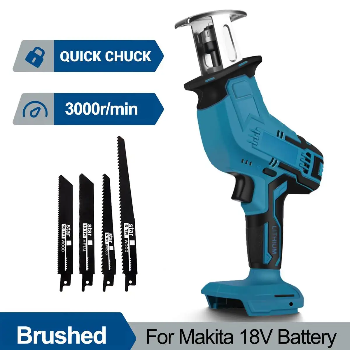 

3000rpm/min 18V Cordless Electric Reciprocating Saw Variable Speed Metal Wood Cutting Tool Rechargeable for Makita 18V Battery