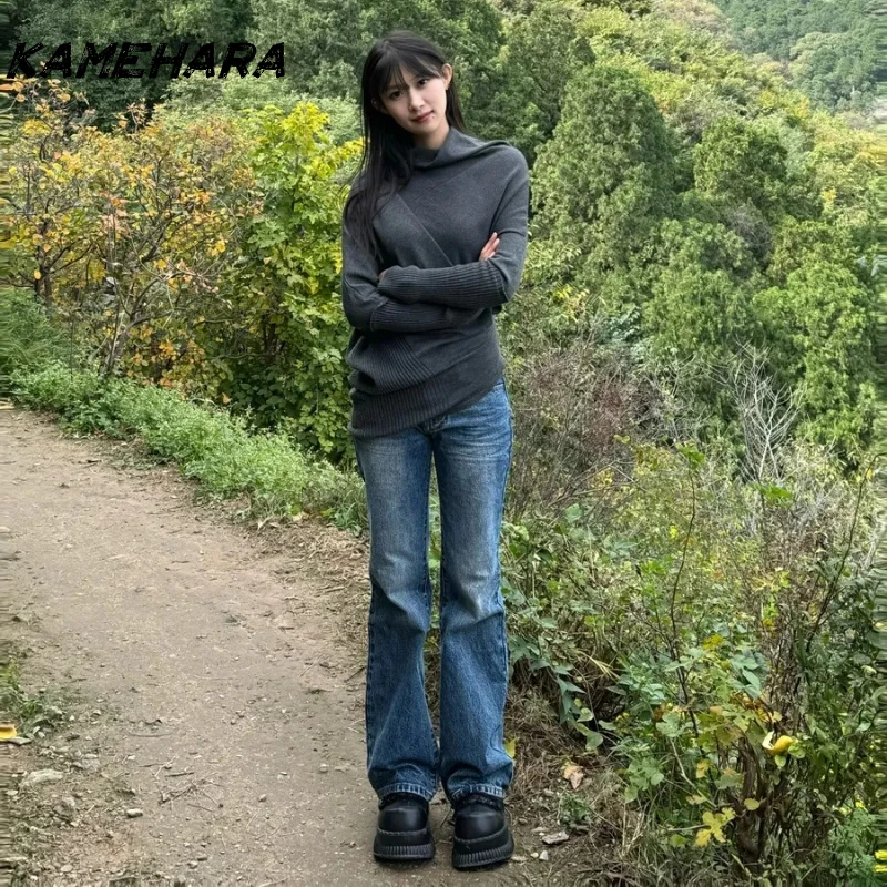 KAMEHARA بلوفرات أمريكية أنيقة غير متناظرة طويلة محبوكة بأكمام تشبه جناح الخفّاش Y2k Harajuku سترات خريفية للسيدات للمكتب سترات فاسق #6
