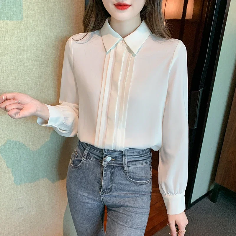 Office Lady White Women\'s Shirts Fashion Chiffon Long-sleeve Blouse Elegant Patchwork Button-up Shirt Basic Tops Women Clothing