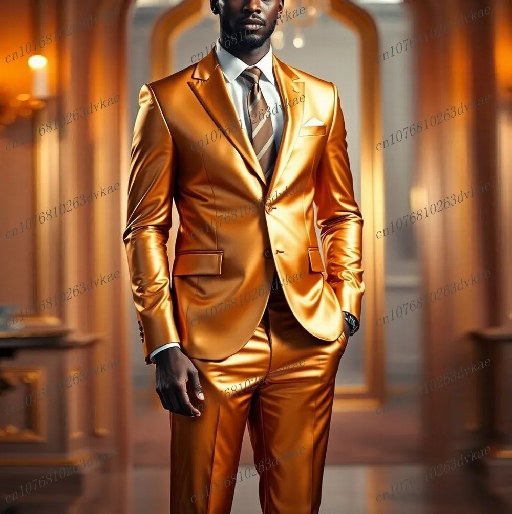 

Shiny Satin Orange Men Suit Party Prom Special Occasions Business Groom Groomsman Wedding Male Tuxedos 2 Piece Set Blazer Pants