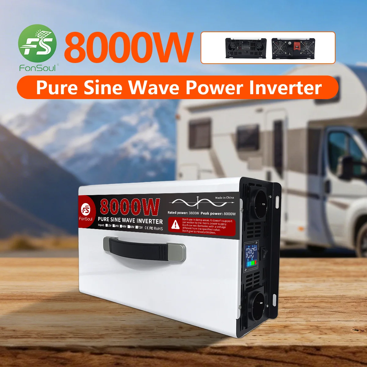 Fonsoul 8000W 12V 24V to 110V 220V Pure Sine Wave Portable Inverter 2 Universal Outlet for Solar Automobile RV Home Appliance