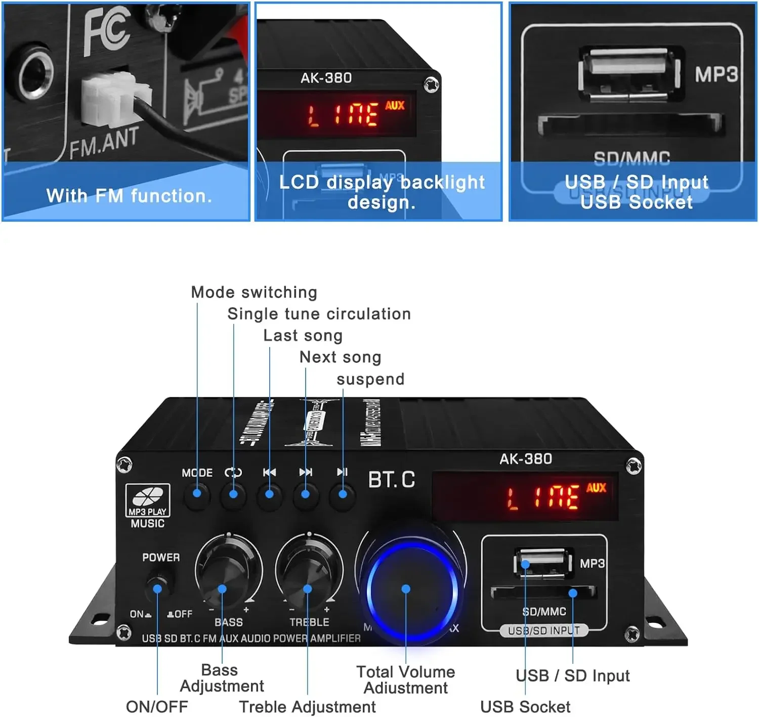 ホームオーディオアンプ,Bluetooth AK-380,hifi,5.0チャンネル,USB互換,SDカード入力,ホームシステムに適しています