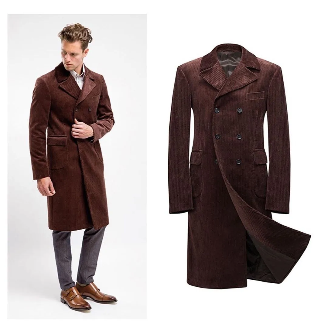 

Corduroy Men's Wedding Long Jacket One Piece Double Breasted Classic Fit Groom Overcoat Business Blazer Tailored Customized