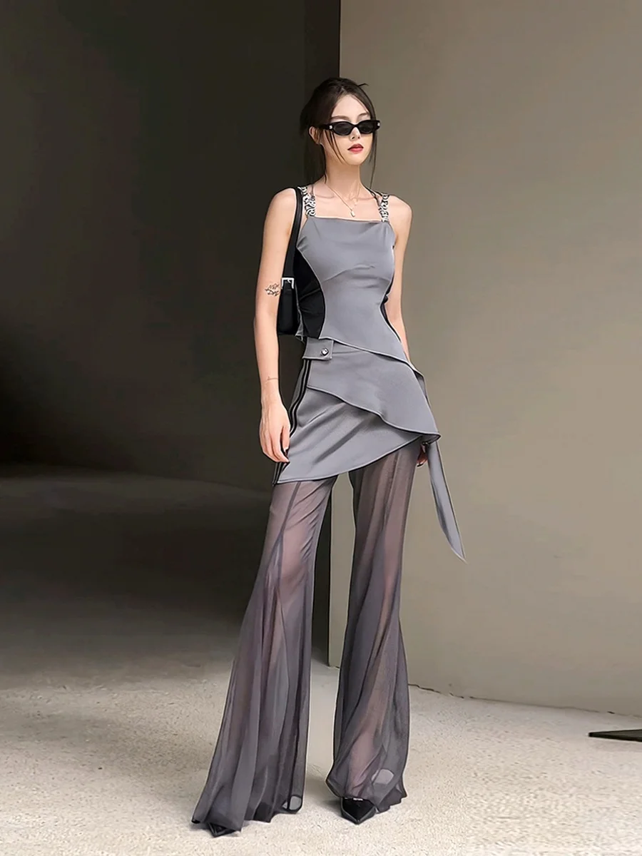 Women Mesh Perspective Pants Set Spicy Girl Color Block Suspended Tank Top Women's Summer Mesh Wide Leg Pants Two Pieces Set