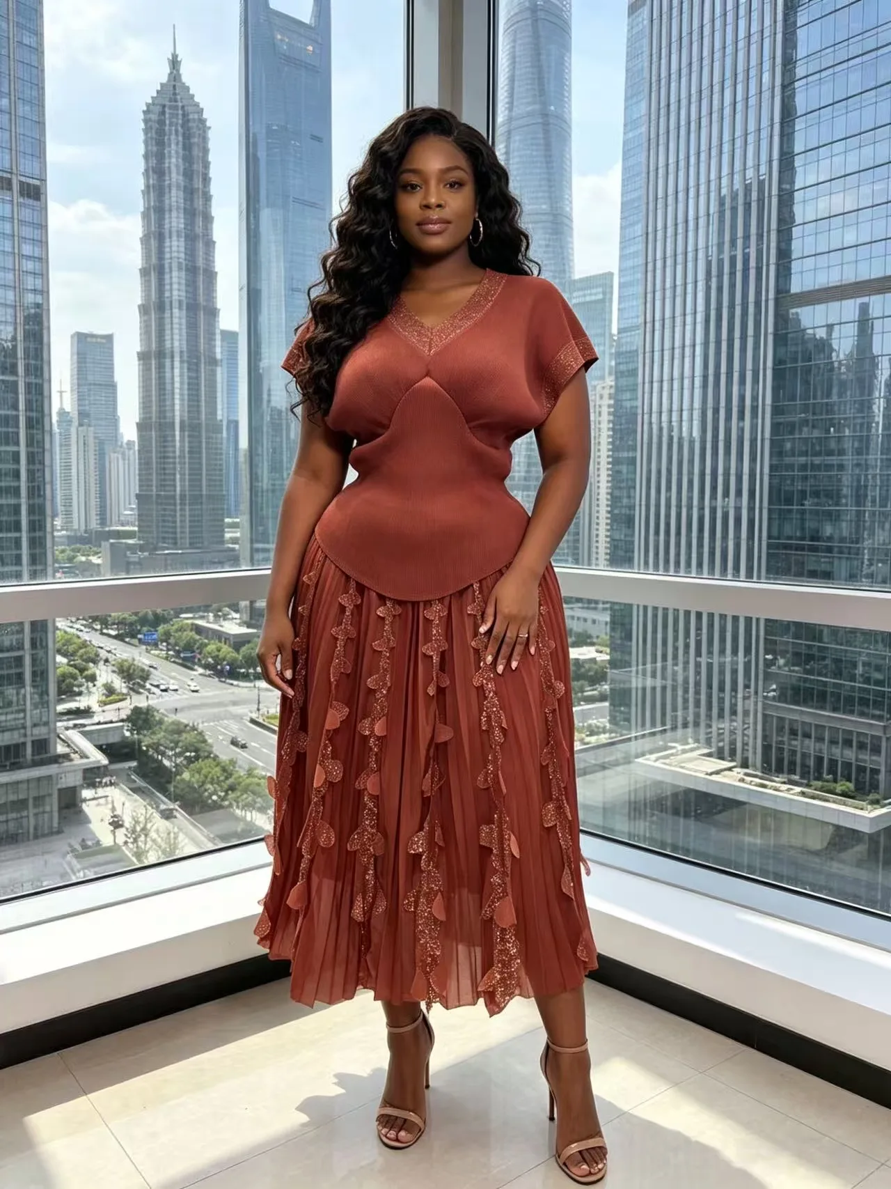 

2026 Spring and Summer Retro High Waist and Thin Bronzing Suit V-neck Bat Sleeve Versatile T-shirt Skirt Two-piece Suit Women