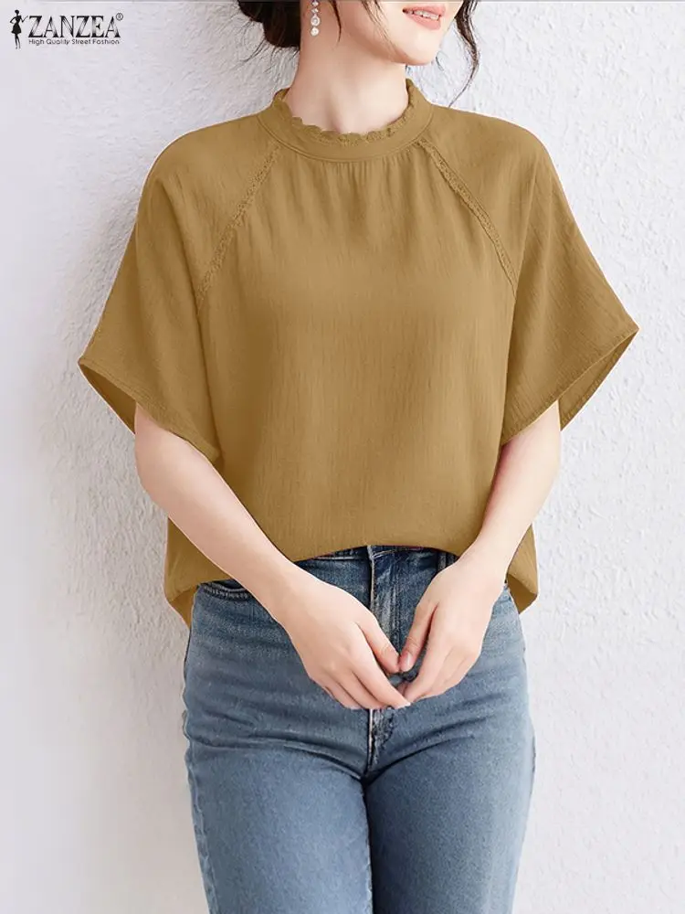 

ZANZEA элегантные блузки с кружевной отделкой, летние свободные однотонные топы с воротником-стойкой и рукавами реглан, женская одежда