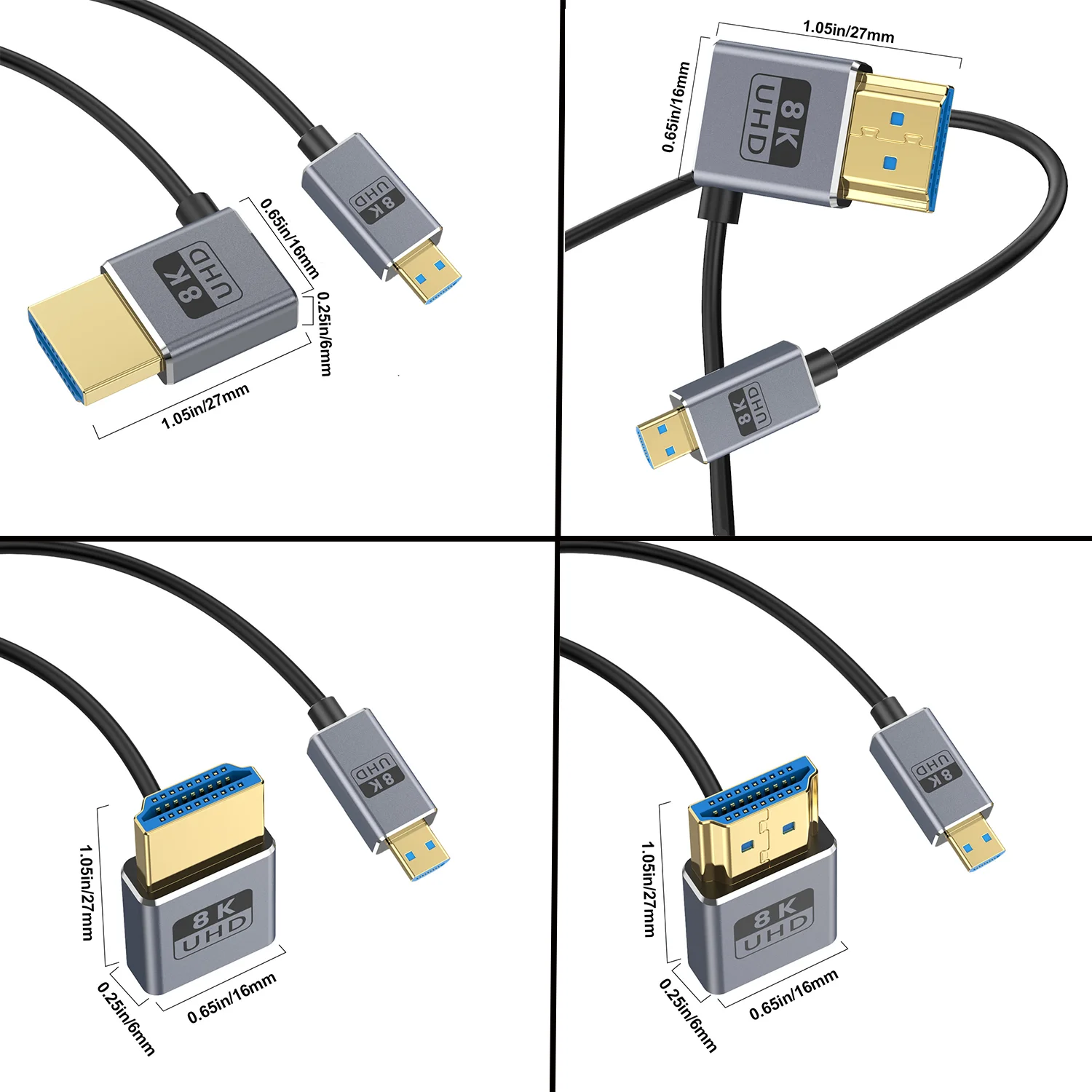 90 Degree Right Angle 8K HDMI Male to Micro HDMI Male 2.5 Extended Cable Supports 8k@60Hz,1080p,with Digital Cameras,Camcorders