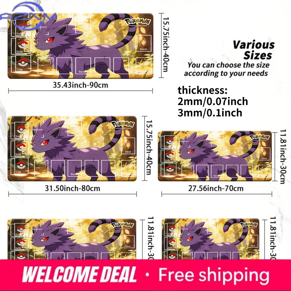 Pokemon Purple Cat Themed TCG Playmat with Zones 2mm/3mm Non-Slip Card Game Mat Multi-Size