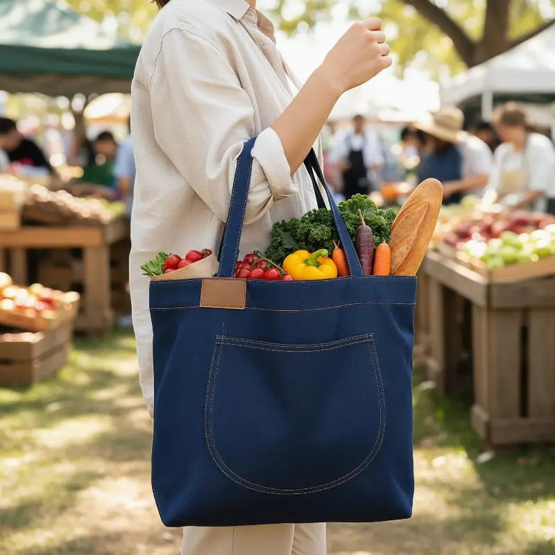 Dark Blue Denim Tote Bag Vintage Style Front Patch Pocket Sturdy Straps for Work School Retro Outfit Matching