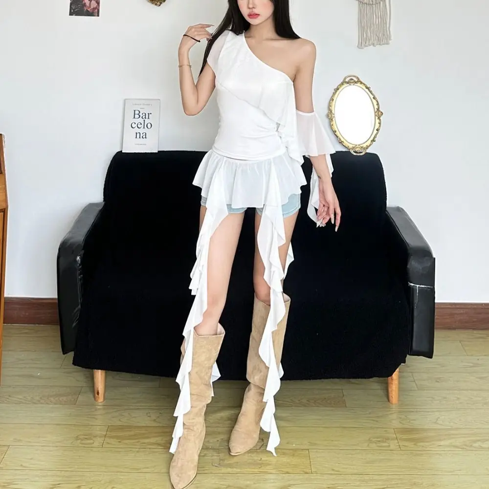 Fashion Irregular Ruffles Belts for Women Sexy Long Tassel Hip Curtain See Through Y2K Mini Skirt Streetwear