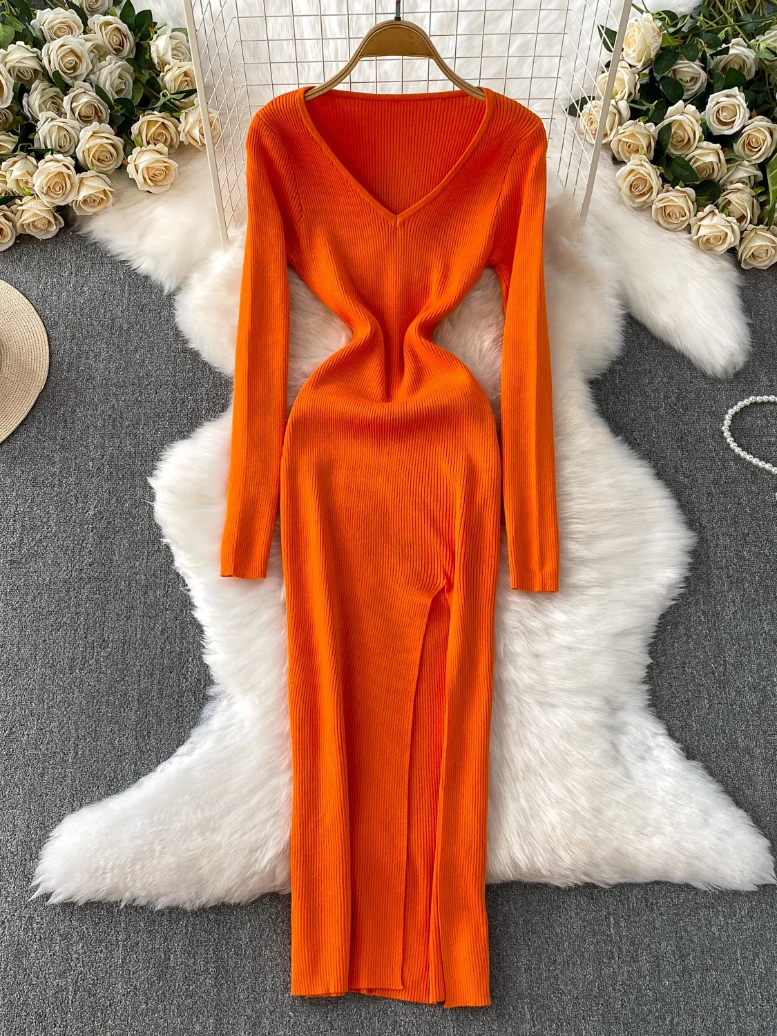 

Ele V-Ne Knitted Dr Women's Slim Fit Long A-Line Skirt High Waist Slit Daily Wear Autumn Winter Faion Pure Desire