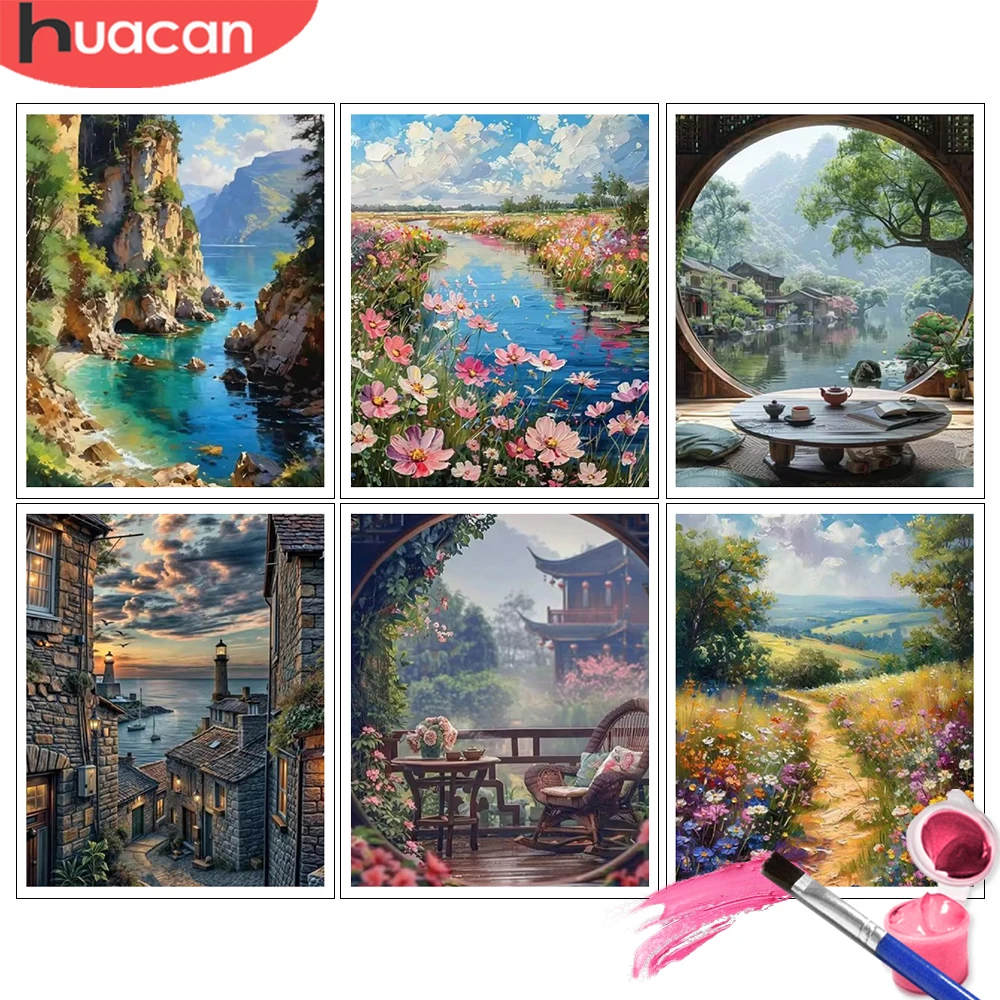 Malen nach Zahlen, Kits, Landschaft, Weg, Wildblumen, DIY, digitales Ölgemälde, Landschaftsfärbung, Kunsthandwerk, Handbemalung