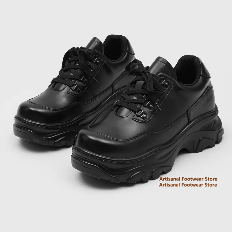 

Black Thick Soled Height Increasing Derby Shoes Men's Casual Leather Shoes Lace Up Round Toe Height Increasing Men's Shoes
